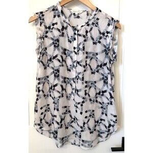 Rebecca Taylor Black Gray Geo Print 100% Silk Sleeveless Henley Size 4 Office